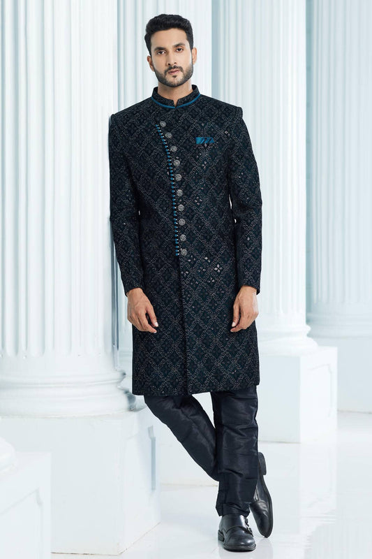 Velvet Thread Embroidery Work Teal Green Colour Indo Western