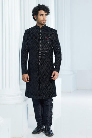 Velvet Thread Embroidery Work Black Colour Indo Western