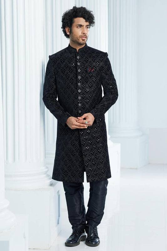 Velvet Thread Embroidery Work Black Colour Indo Western