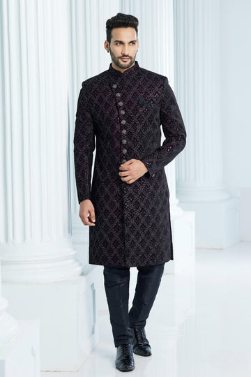 Velvet Thread Embroidery Work Dark Wine Colour Indo Western