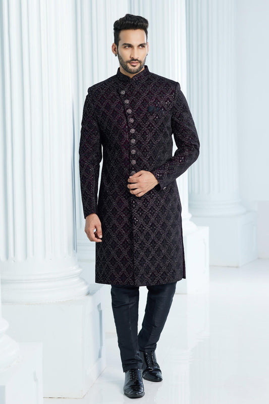 Velvet Thread Embroidery Work Dark Wine Colour Indo Western