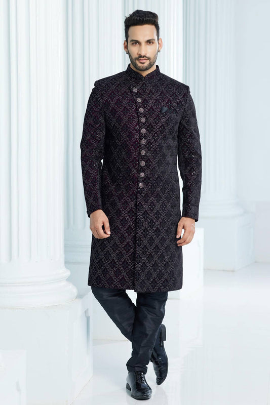 Velvet Thread Embroidery Work Dark Wine Colour Indo Western
