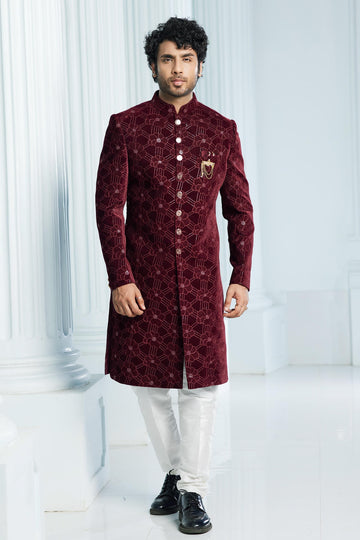 Velvet Thread Embroidery Work Wine Colour Indo Western