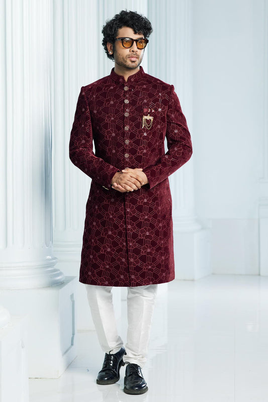 Velvet Thread Embroidery Work Wine Colour Indo Western
