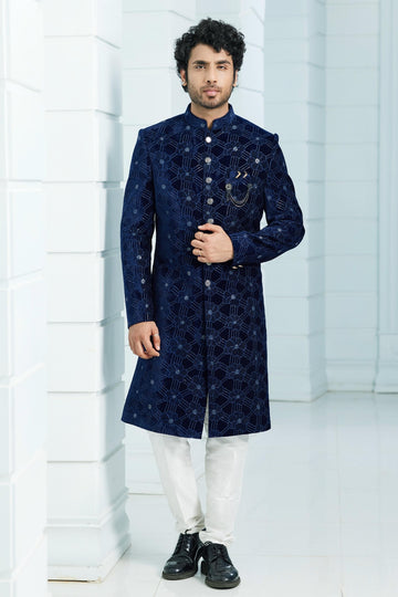 Velvet Thread Embroidery Work Navy Blue Colour Indo Western