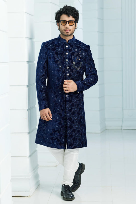 Velvet Thread Embroidery Work Navy Blue Colour Indo Western