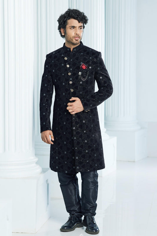 Velvet Thread Embroidery Work Black Colour Indo Western