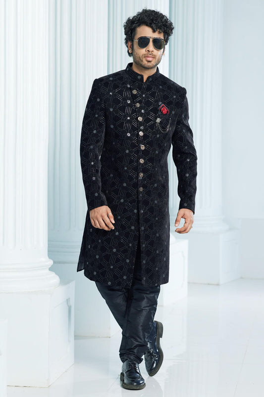 Velvet Thread Embroidery Work Black Colour Indo Western