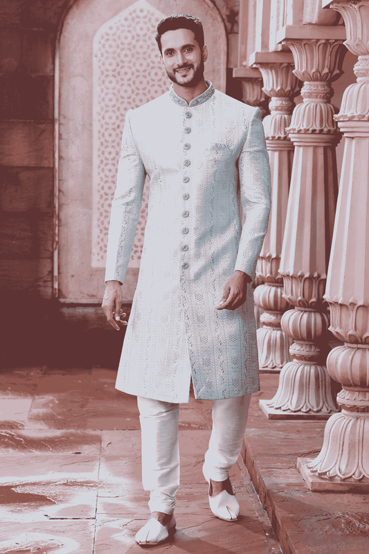 Art Silk Hand Thread Embroidery Work Sky Blue Colour Sherwani