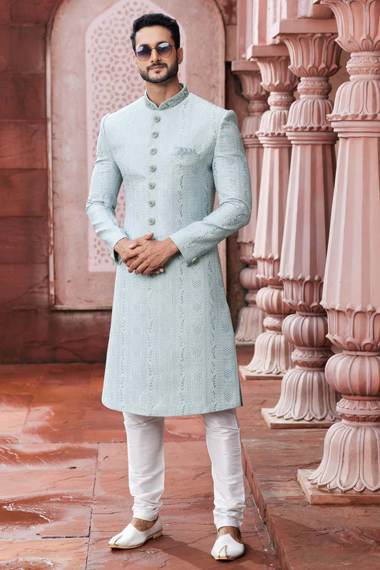 Art Silk Hand Thread Embroidery Work Sky Blue Colour Sherwani