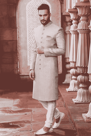 Art Silk Hand Thread Embroidery Work Grey Colour Sherwani
