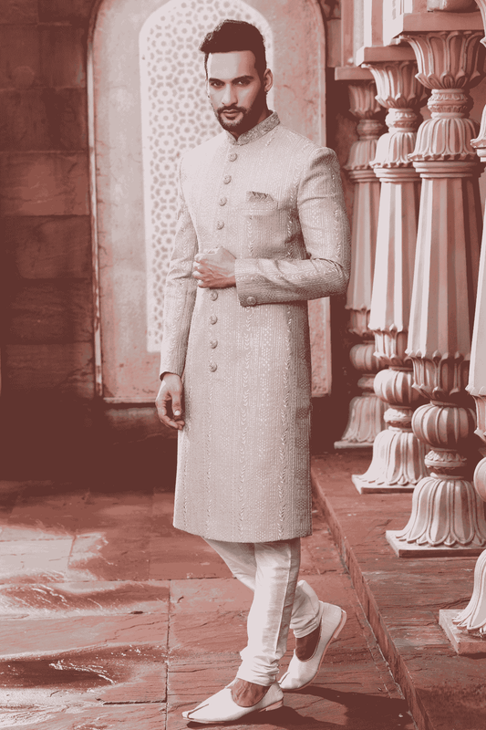 Art Silk Hand Thread Embroidery Work Grey Colour Sherwani