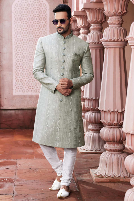 Art Silk Hand Thread Embroidery Work Grey Colour Sherwani