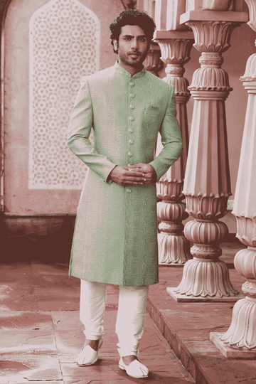 Art Silk Hand Thread Embroidery Work Green Colour Sherwani