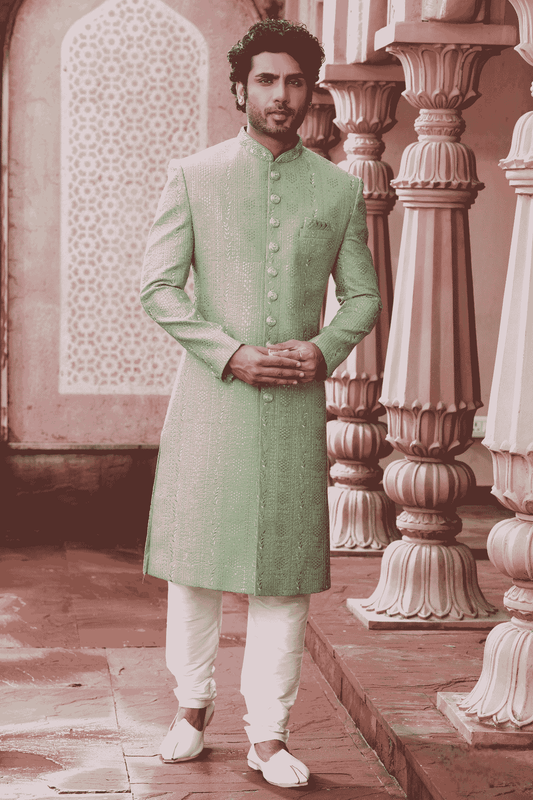 Art Silk Hand Thread Embroidery Work Green Colour Sherwani