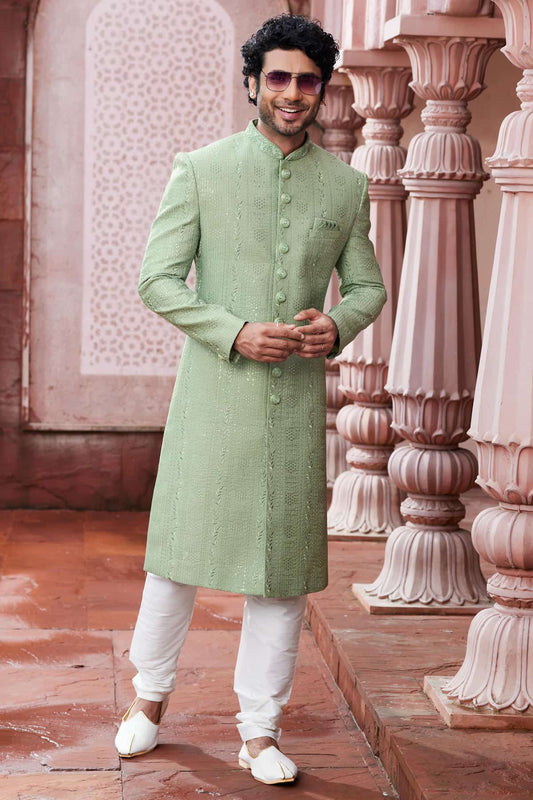 Art Silk Hand Thread Embroidery Work Green Colour Sherwani