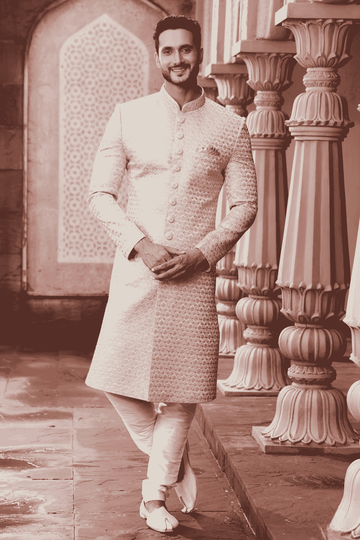 Art Silk Hand Thread Embroidery Work Beige Colour Sherwani