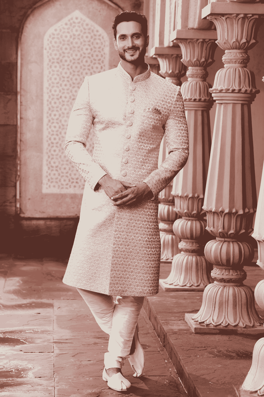 Art Silk Hand Thread Embroidery Work Beige Colour Sherwani