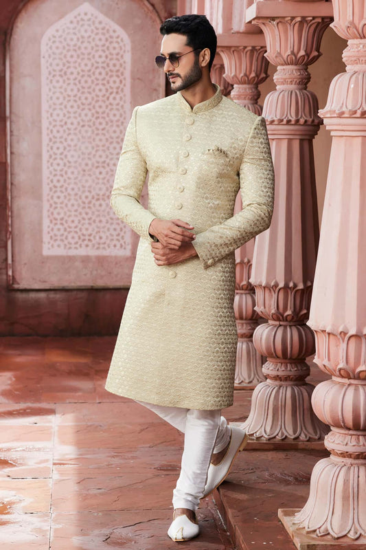 Art Silk Hand Thread Embroidery Work Beige Colour Sherwani