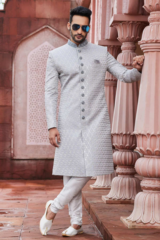 Art Silk Hand Thread Embroidery Work Grey Colour Sherwani