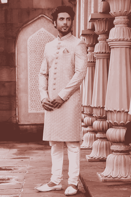 Art Silk Hand Thread Embroidery Work Onion Colour Sherwani