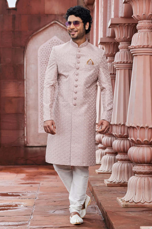 Art Silk Hand Thread Embroidery Work Onion Colour Sherwani