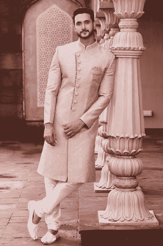 Art Silk Hand Thread Embroidery Work Peach Colour Sherwani