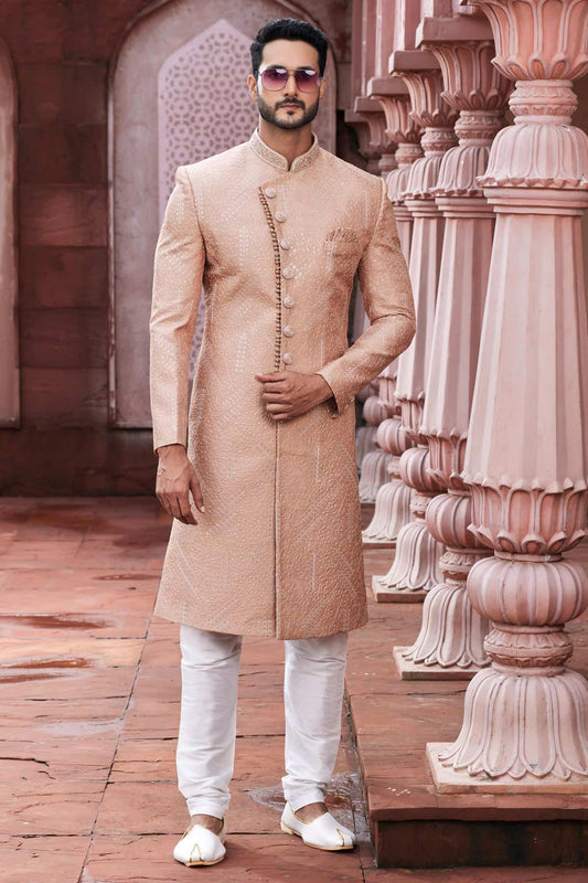Art Silk Hand Thread Embroidery Work Peach Colour Sherwani