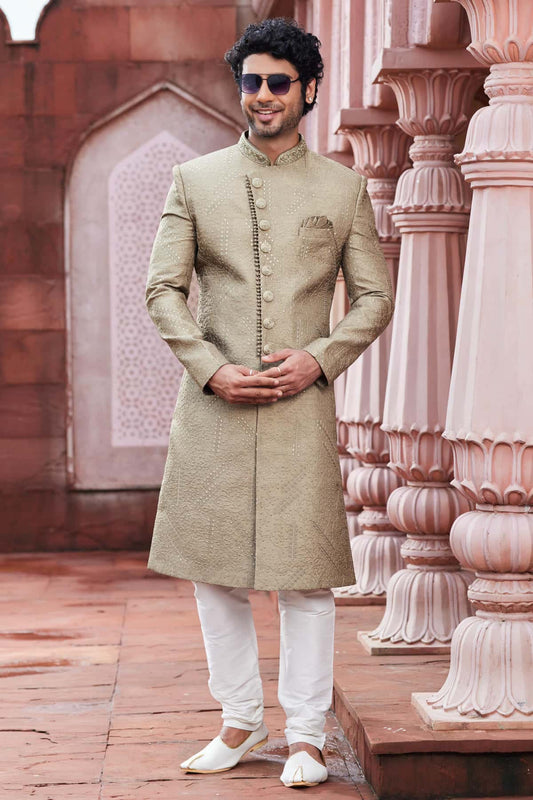 Art Silk Hand Thread Embroidery Work Light Green Colour Sherwani