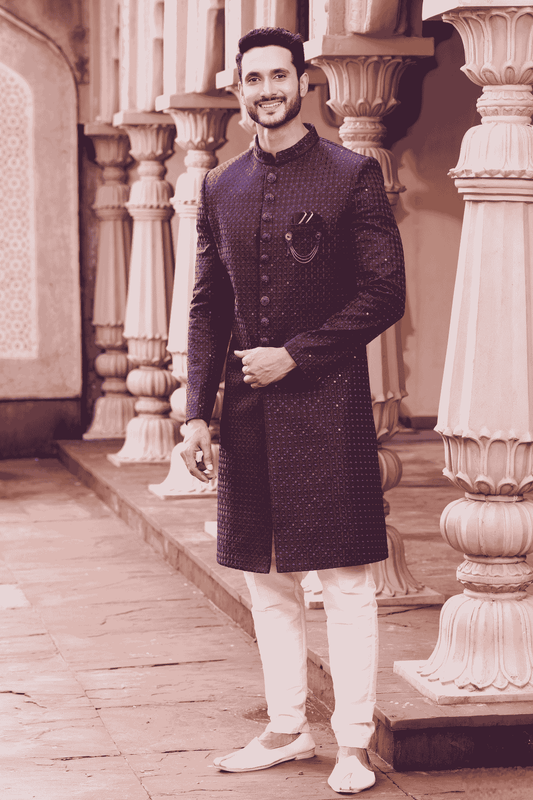 Art Silk Hand Thread Embroidery Work Wine Colour Sherwani