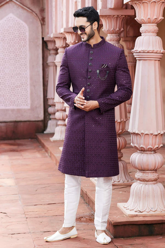 Art Silk Hand Thread Embroidery Work Wine Colour Sherwani