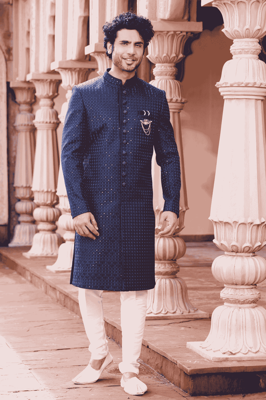 Art Silk Hand Thread Embroidery Work Navy Blue Colour Sherwani