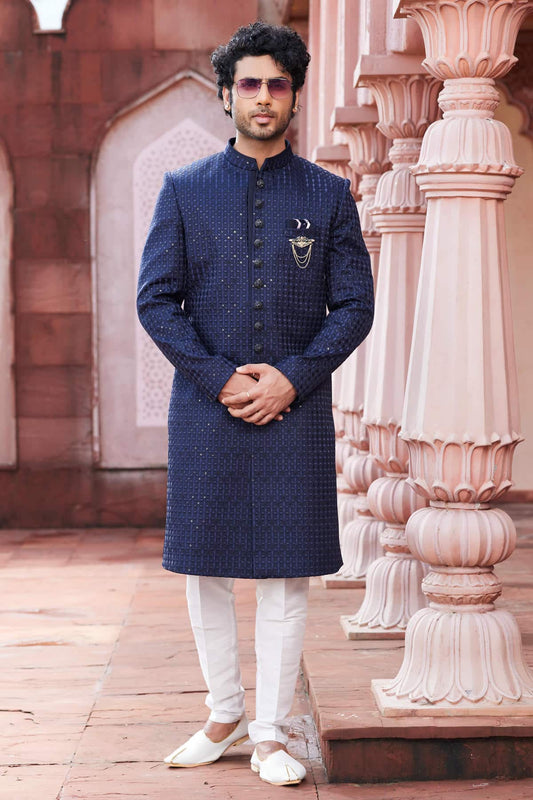 Art Silk Hand Thread Embroidery Work Navy Blue Colour Sherwani