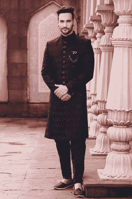 Art Silk Hand Thread Embroidery Work Black Colour Sherwani