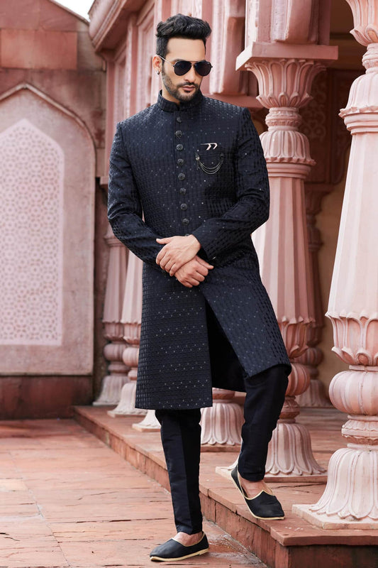 Art Silk Hand Thread Embroidery Work Black Colour Sherwani