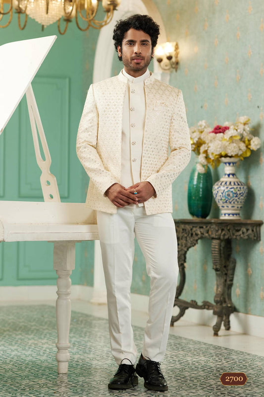 Art Silk Jodhpuri Suit With Thread Embroidery Work In Cream Colour