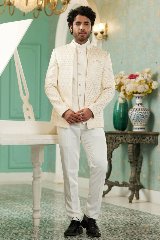 Art Silk Jodhpuri Jacket With Thread Embroidery Work In Cream Colour
