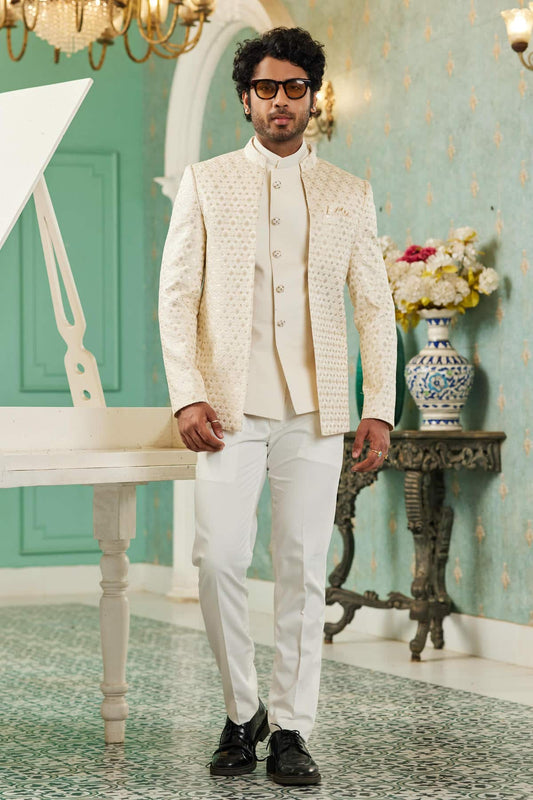 Art Silk Jodhpuri Suit With Thread Embroidery Work In Cream Colour