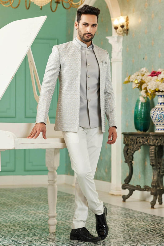 Art Silk Jodhpuri Jacket With Thread Embroidery Work In Grey Colour