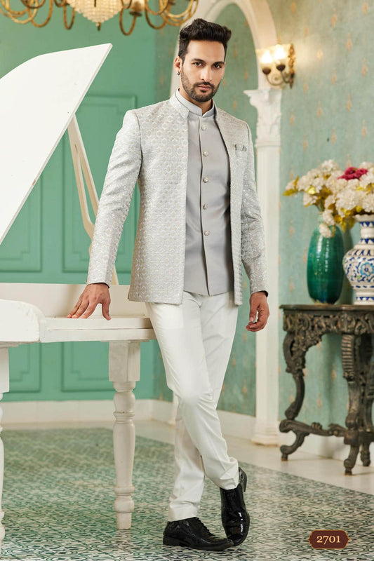Art Silk Jodhpuri Suit With Thread Embroidery Work In Grey Colour