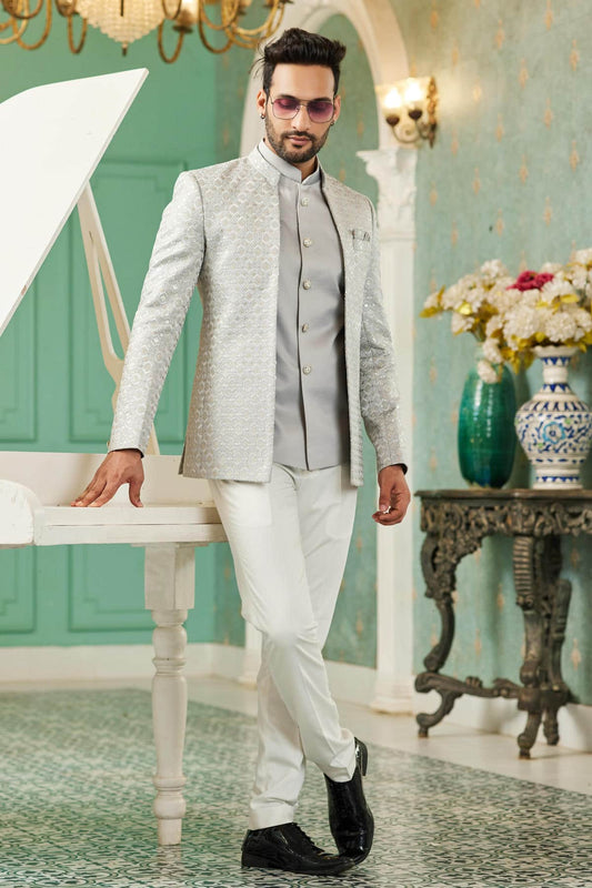 Art Silk Jodhpuri Suit With Thread Embroidery Work In Grey Colour