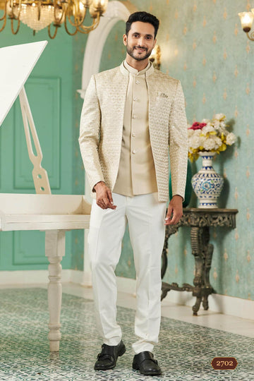 Art Silk Jodhpuri Suit With Thread Embroidery Work In Beige Colour