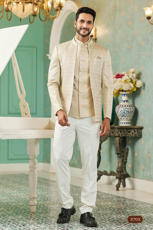 Art Silk Jodhpuri Suit With Thread Embroidery Work In Beige Colour