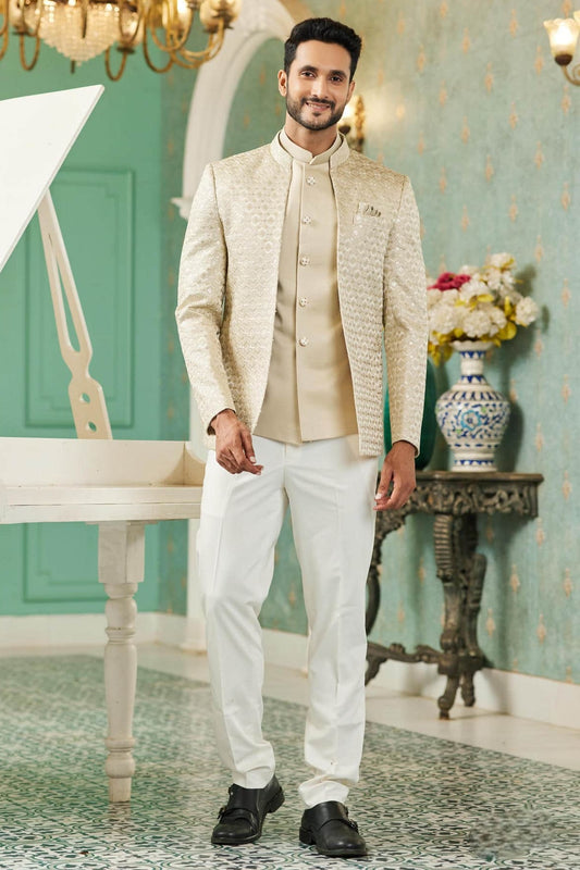 Art Silk Jodhpuri Jacket With Thread Embroidery Work In Beige Colour