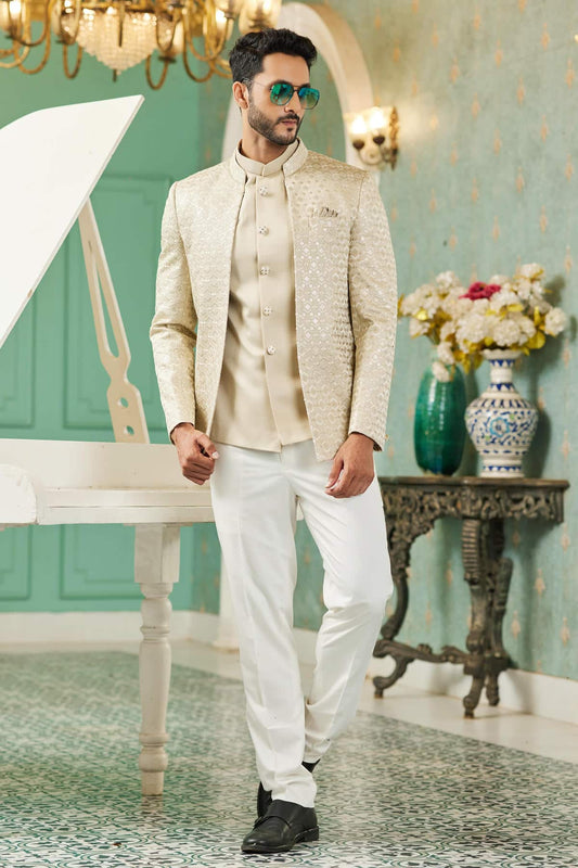 Art Silk Jodhpuri Suit With Thread Embroidery Work In Beige Colour