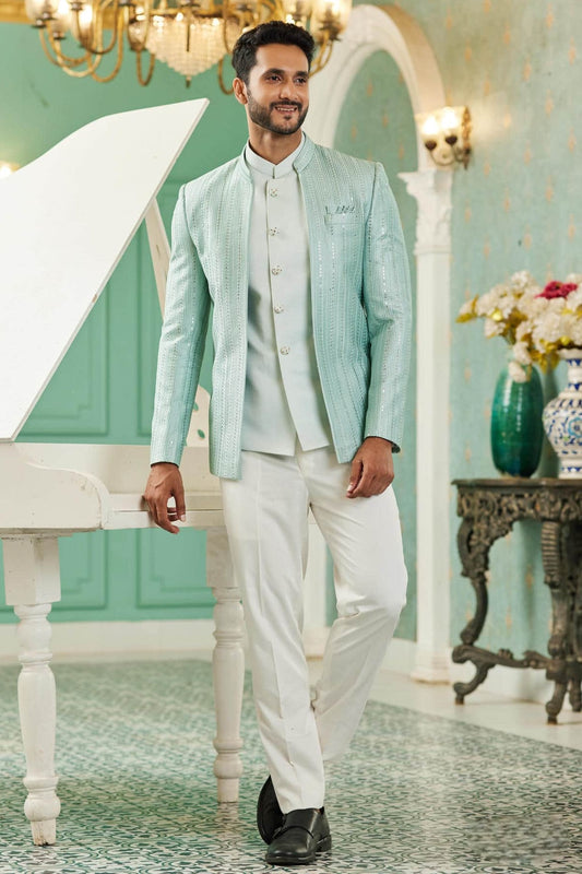 Art Silk Jodhpuri Jacket With Thread Embroidery Work In Pista Green Colour