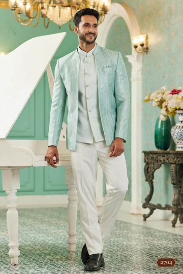 Art Silk Jodhpuri Suit With Thread Embroidery Work In Pista Green Colour