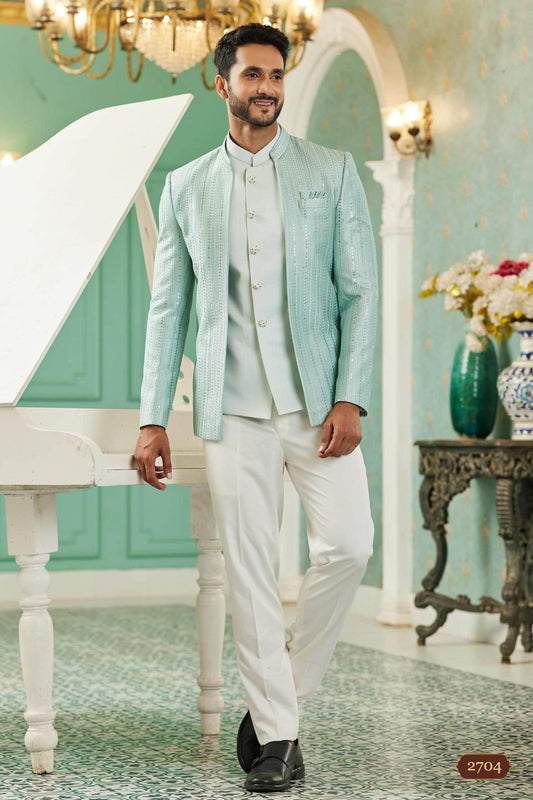 Art Silk Jodhpuri Suit With Thread Embroidery Work In Pista Green Colour