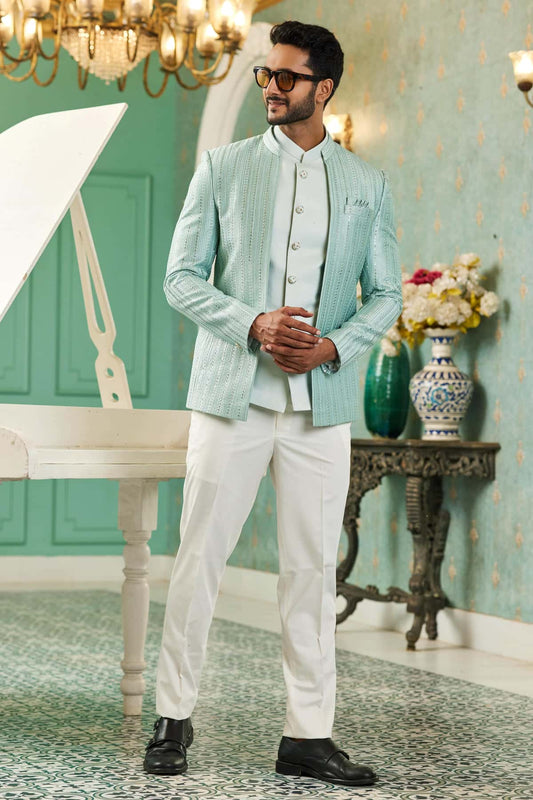 Art Silk Jodhpuri Suit With Thread Embroidery Work In Pista Green Colour