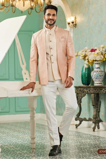 Art Silk Jodhpuri Suit With Thread Embroidery Work In Peach Colour